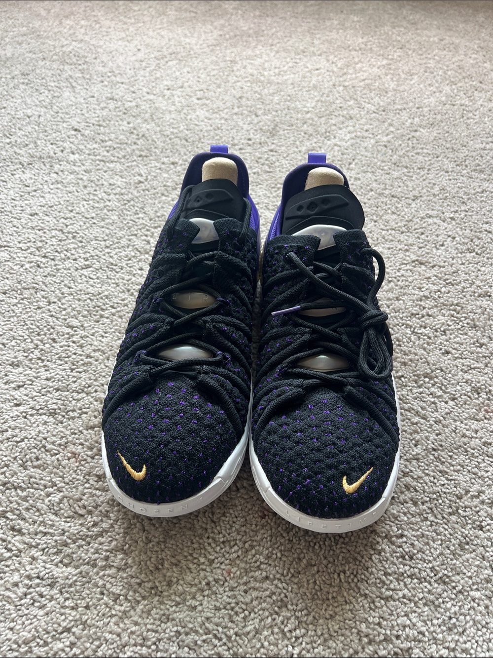Nike Black Knit Sneakers with Purple Details and Gold Swoosh